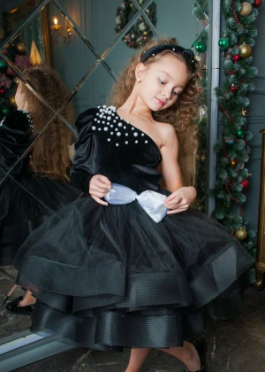 One Shoulder Black Satin Pearls Embellished Flower Girl Dress